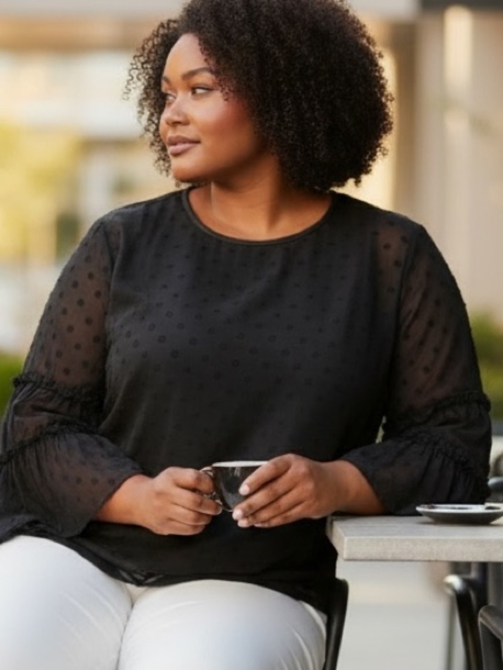 Lane Bryant Black Sheer Dot ruffle Sleeve Blouse lined with sheer sleeves 22/24